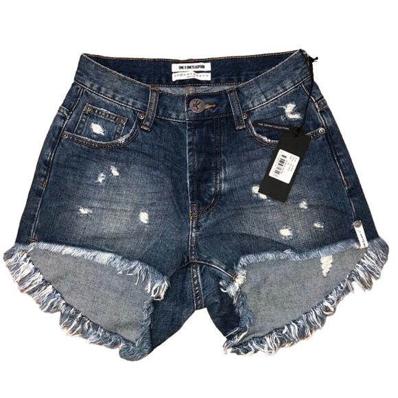 NEW ONE TEASPOON Hawks Distressed Blue Wash Raw Hem Denim Cutoffs Jean Shorts 24 - Picture 2 of 8